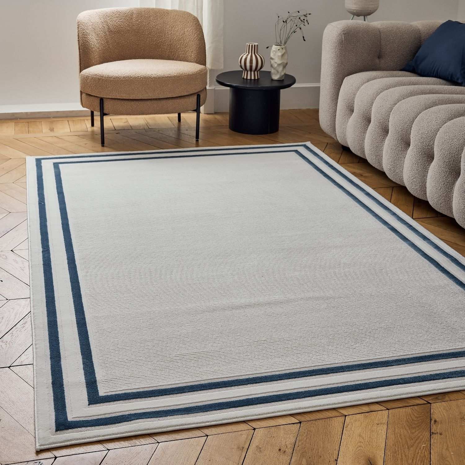 Carmel Cream-Blue Bordered Rug | 6060