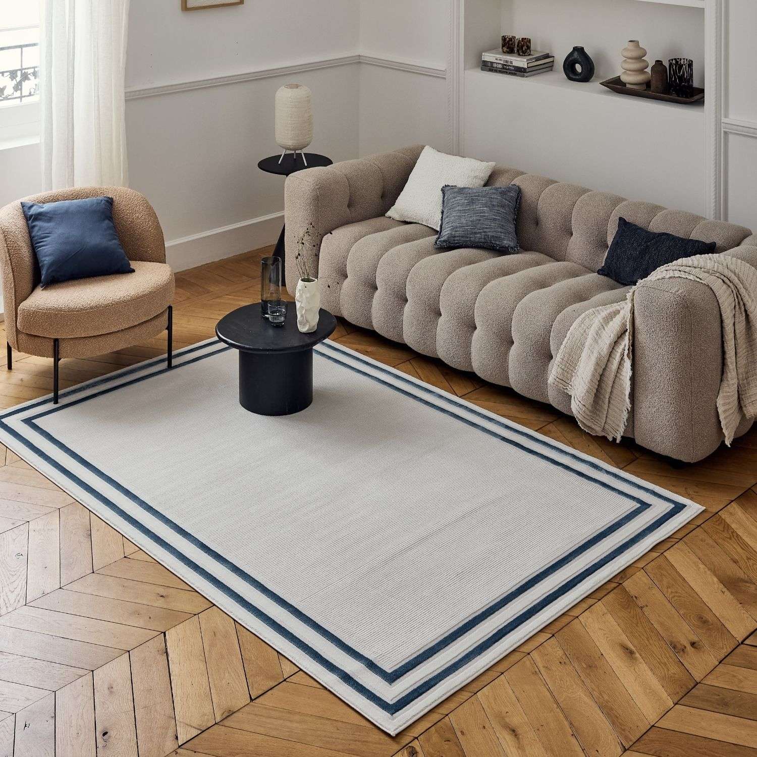 Carmel Cream-Blue Bordered Rug | 6060