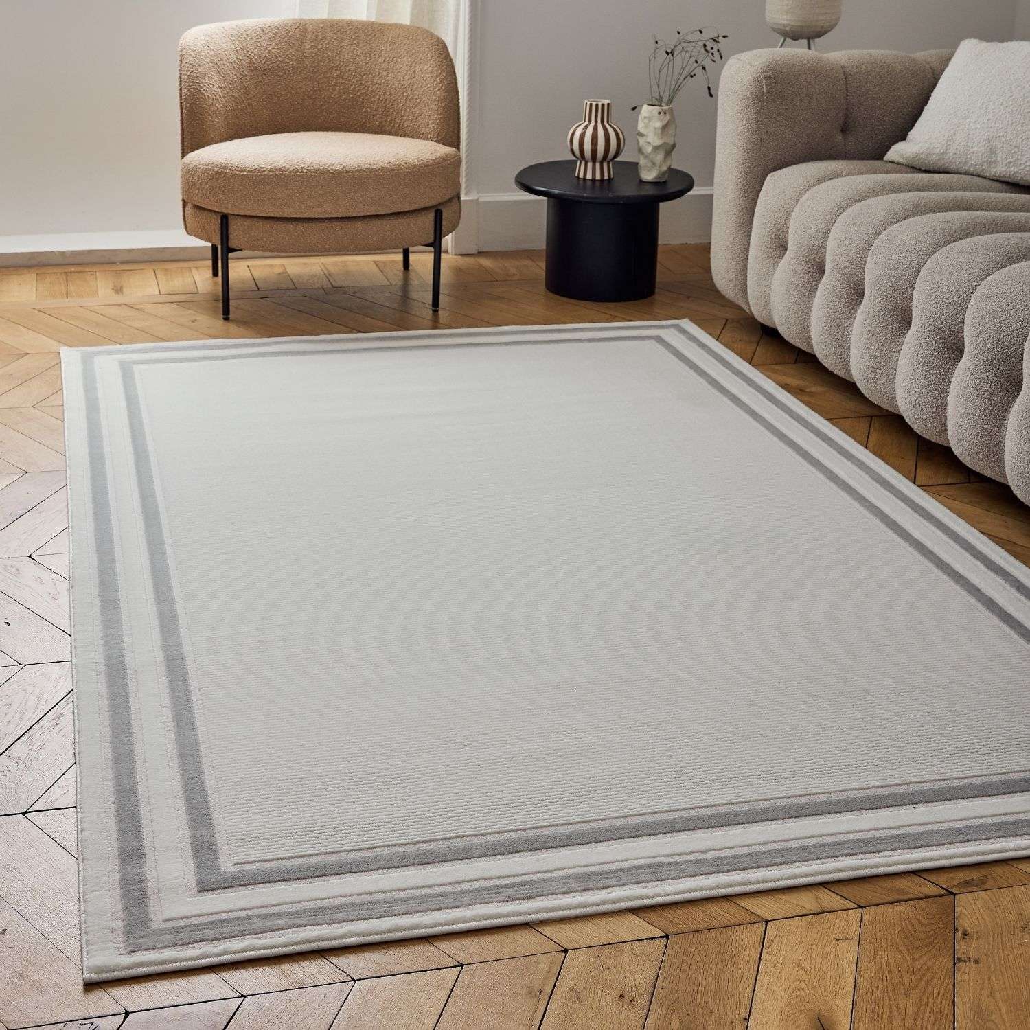 Carmel Cream-Grey Bordered Rug | 6060
