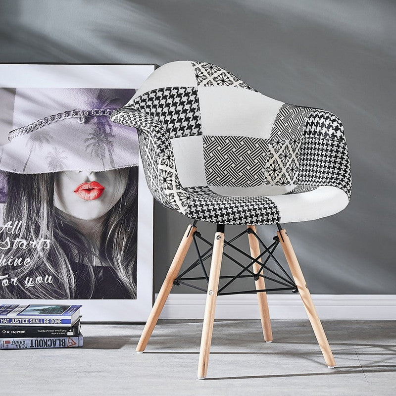 5PCs Dining Set - a White Halo Dining Table & Set of 4 Black/White Patchwork Accent Chairs