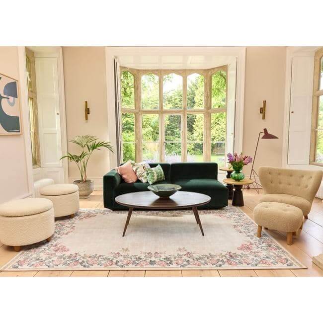 Eco-Washable Cream Rug Flower Design