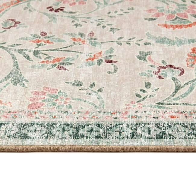 Eco-Washable Green Rug Floral Design