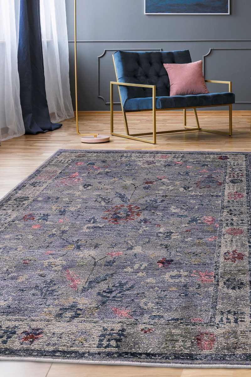 Traditional Floral Vintage Rug – Grey, Blue & Beige Elegance