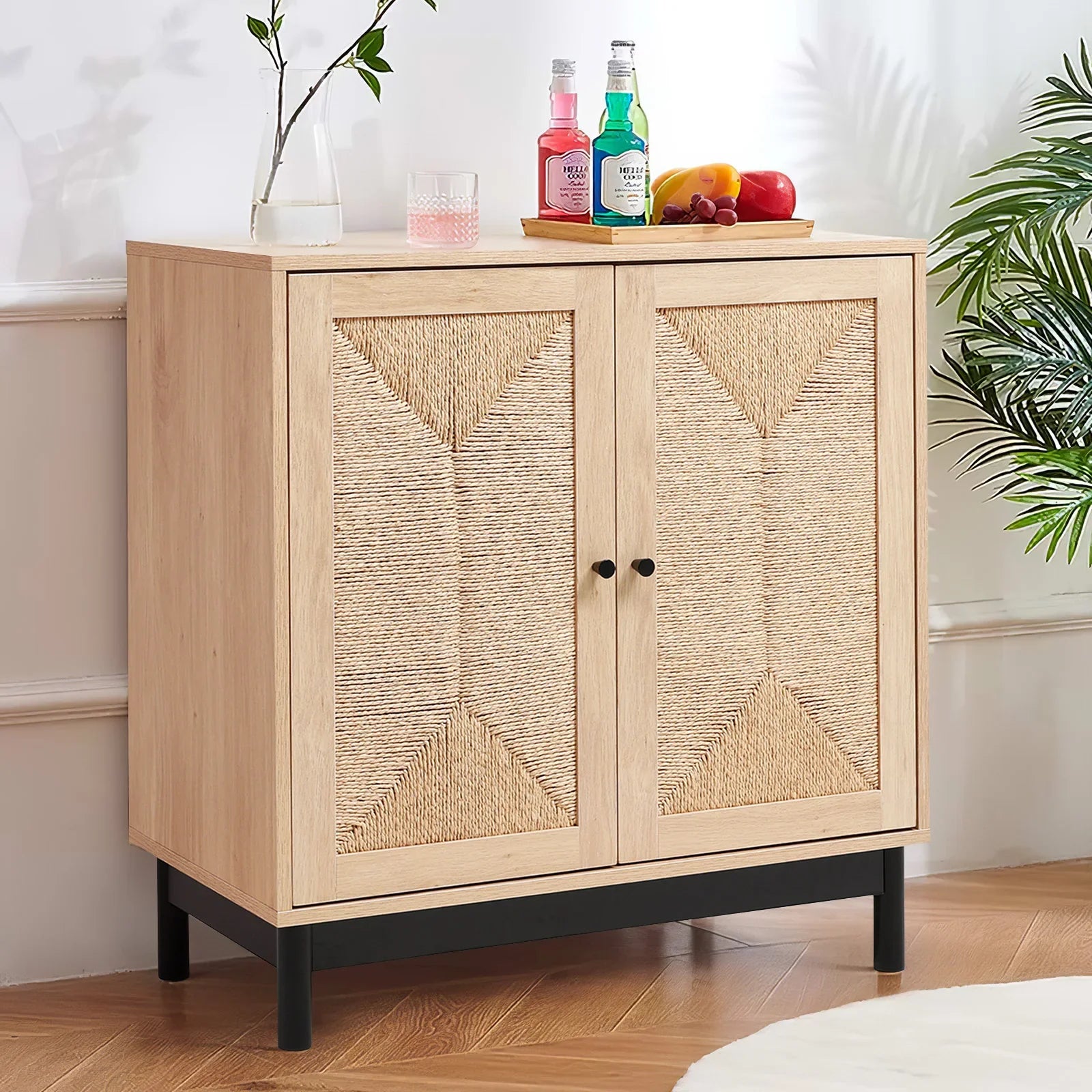 Rattan double door wooden sideboard