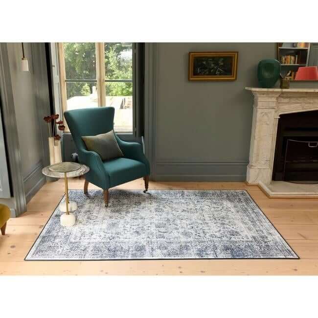 Eco-Washable Blue Rug Bordered Design
