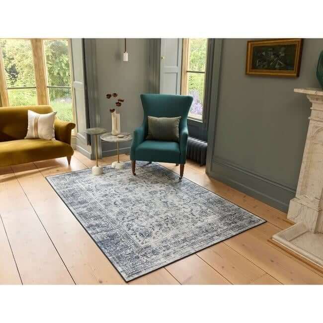 Eco-Washable Blue Rug Bordered Design