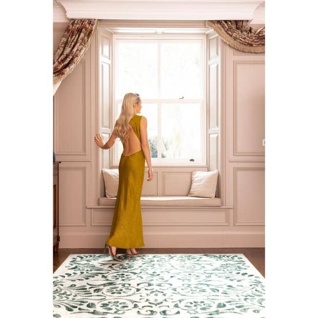 Eco-Washable Beige and Green Rug Floral Design