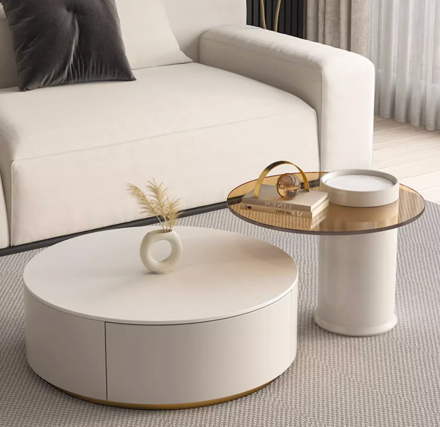 Riviera Round Nesting Coffee Table Set With Ottoman, White