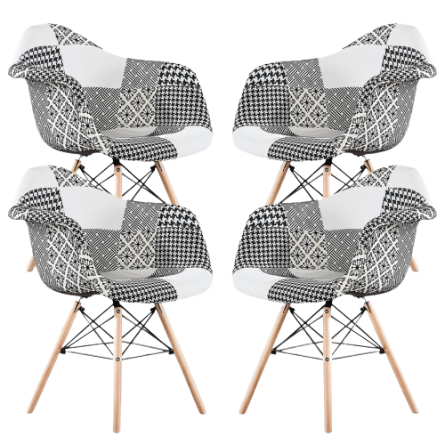 5PCs Dining Set - a White Halo Dining Table & Set of 4 Black/White Patchwork Accent Chairs