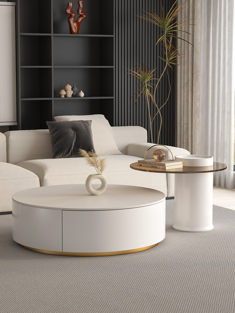 Riviera Round Nesting Coffee Table Set With Ottoman, White