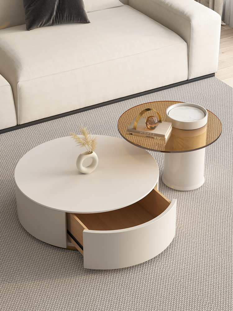 Riviera Round Nesting Coffee Table Set With Ottoman, White