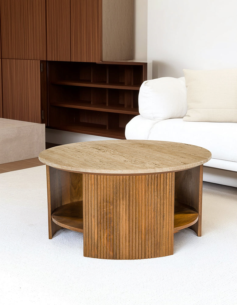 Schaefer Round Coffee Table With Storage, Travertine