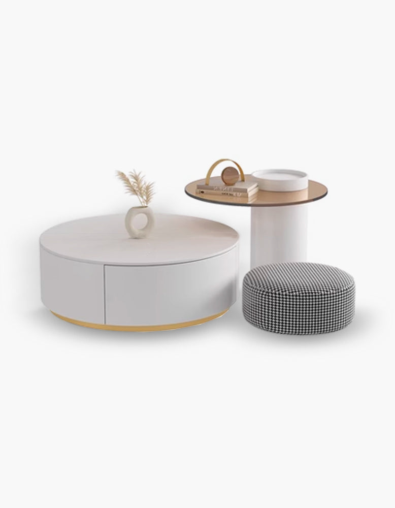 Riviera Round Nesting Coffee Table Set With Ottoman, White