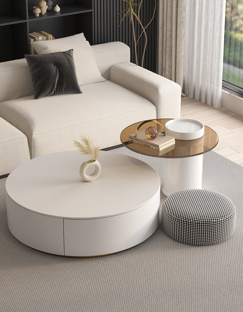 Riviera Round Nesting Coffee Table Set With Ottoman, White
