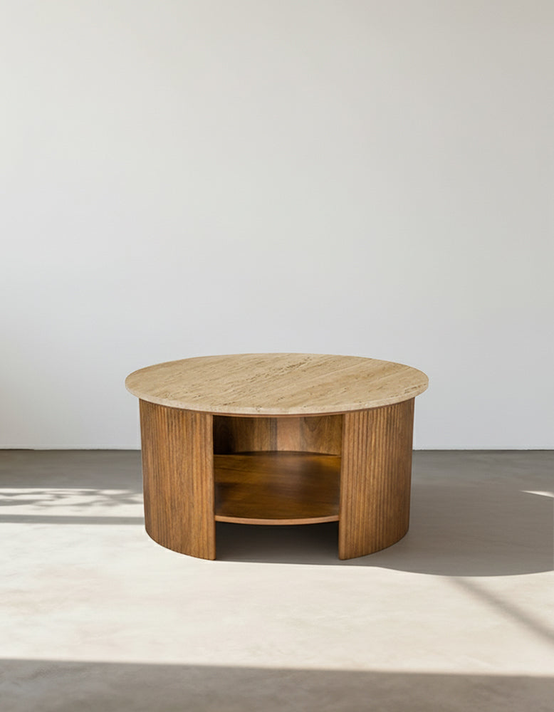 Schaefer Round Coffee Table With Storage, Travertine