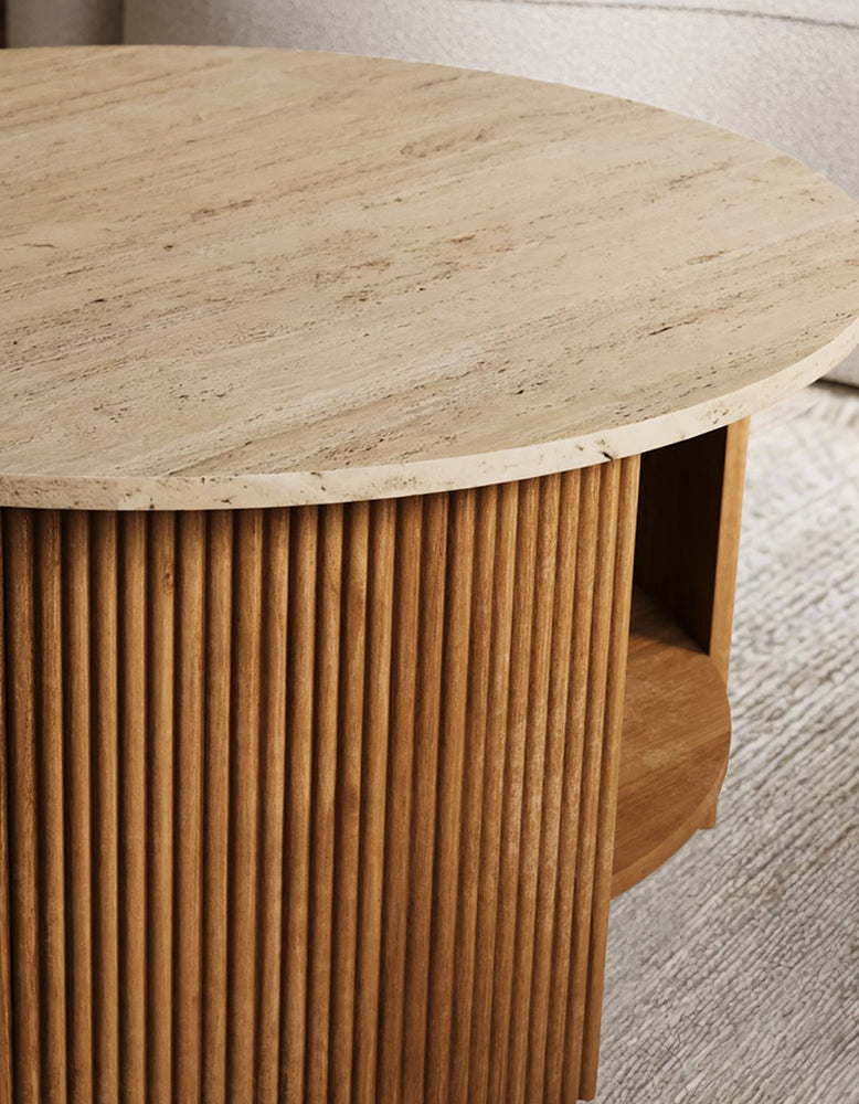 Schaefer Round Coffee Table With Storage, Travertine