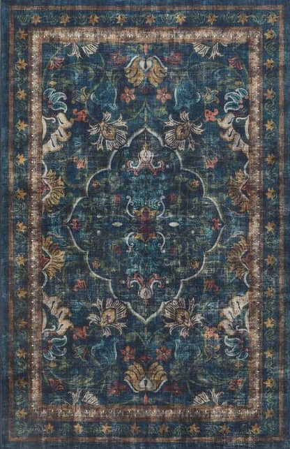 Eco-Washable Blue Rug Vintage Design