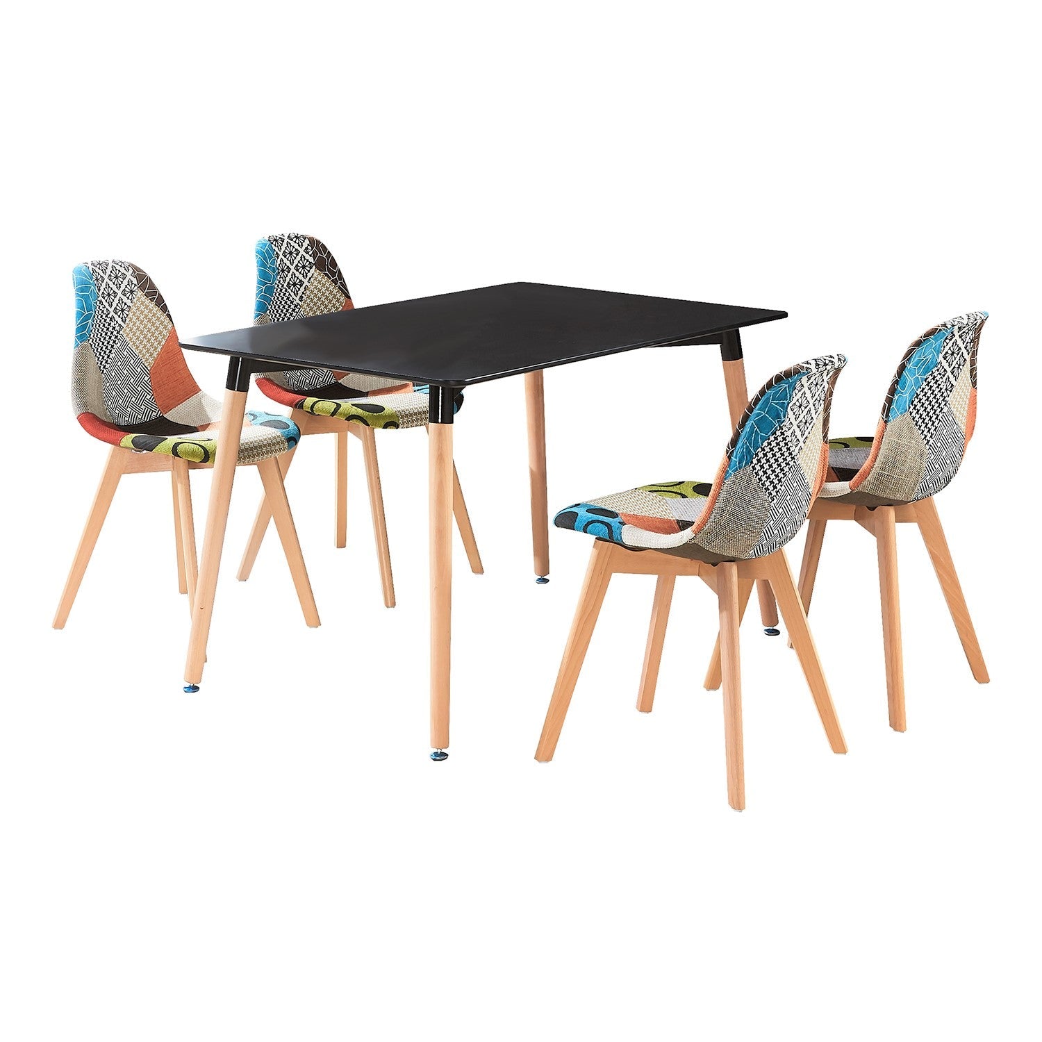 Patchwork Halo Dining Set Includes a Black Dining Table & Set of 4 Multicolour Fabric Chairs