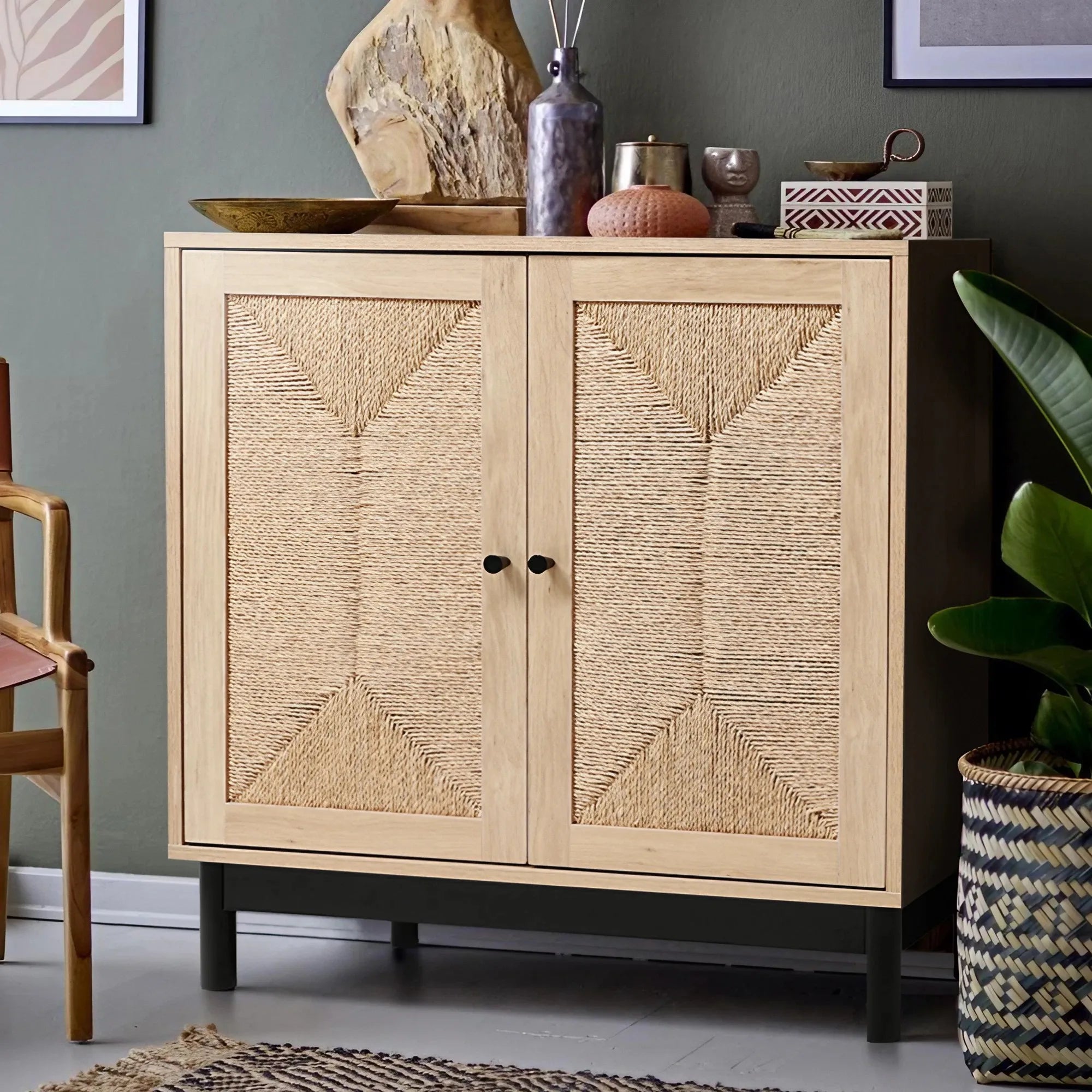 Rattan double door wooden sideboard