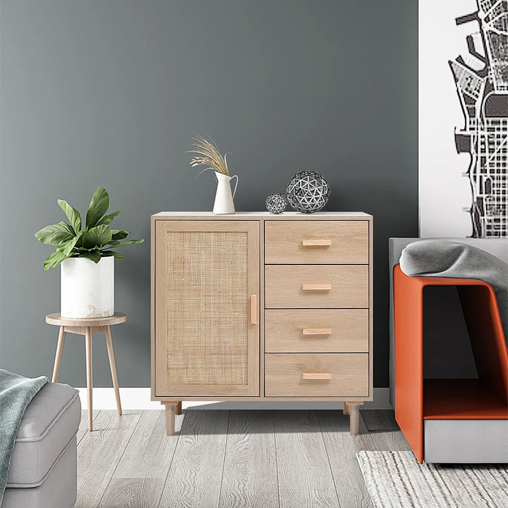 Wood and Rattan Accent Side Cabinet