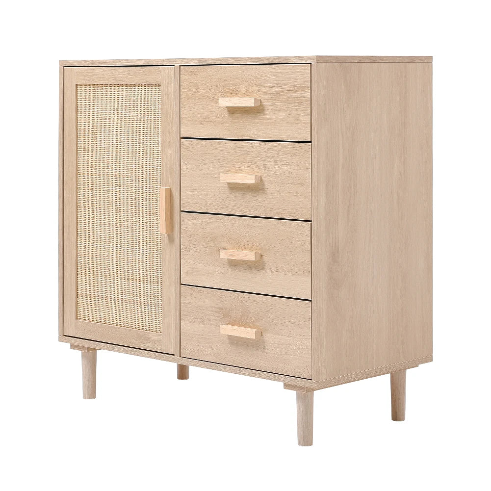 Wood and Rattan Accent Side Cabinet