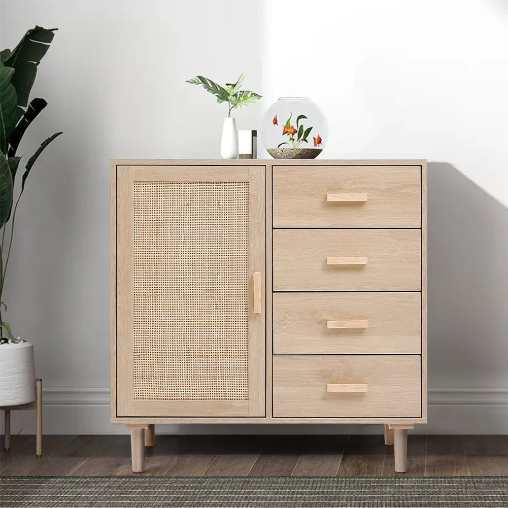 Wood and Rattan Accent Side Cabinet