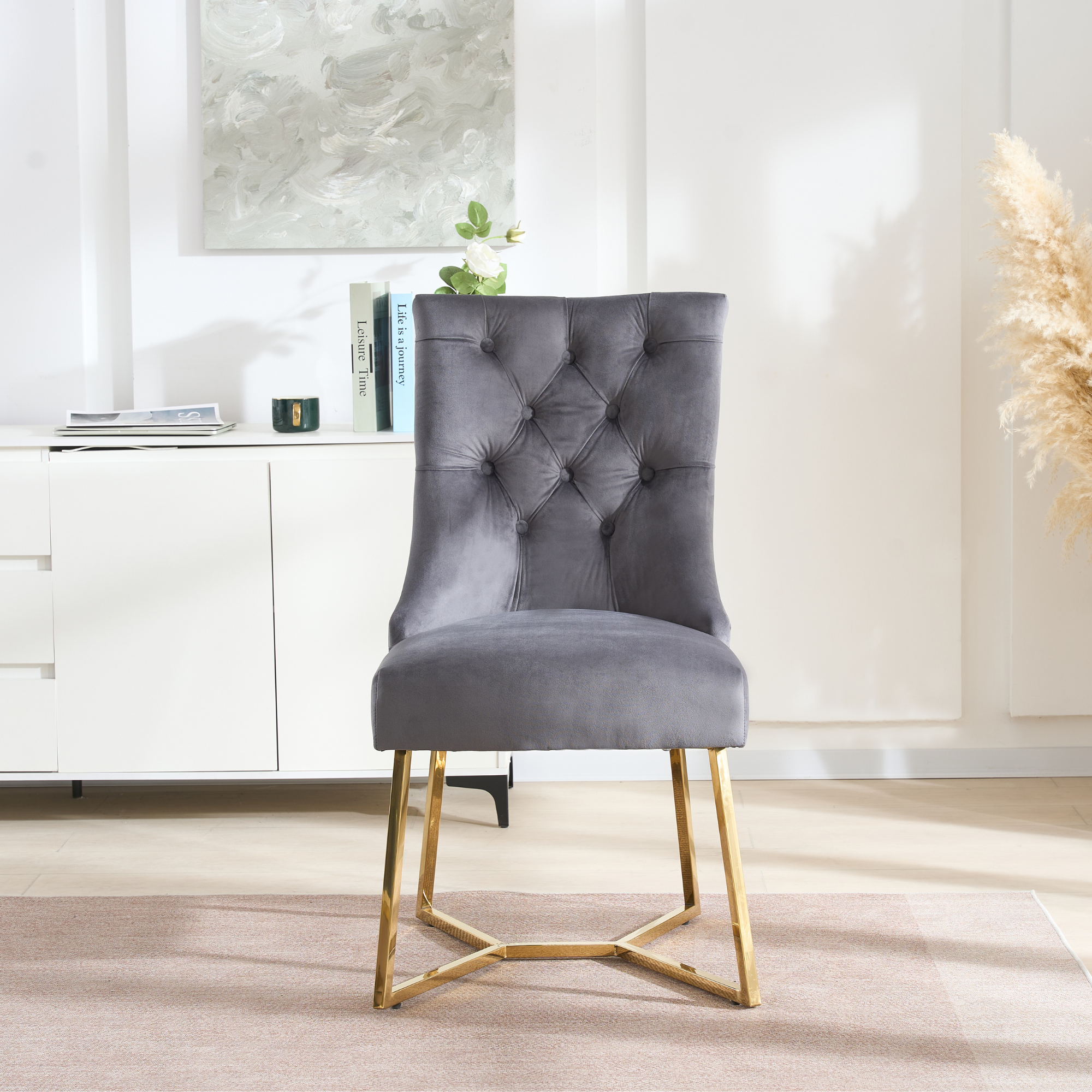 Ambra Velvet Dining Chair – Tufted Luxury Accent with Gold Legs & Ring Pull