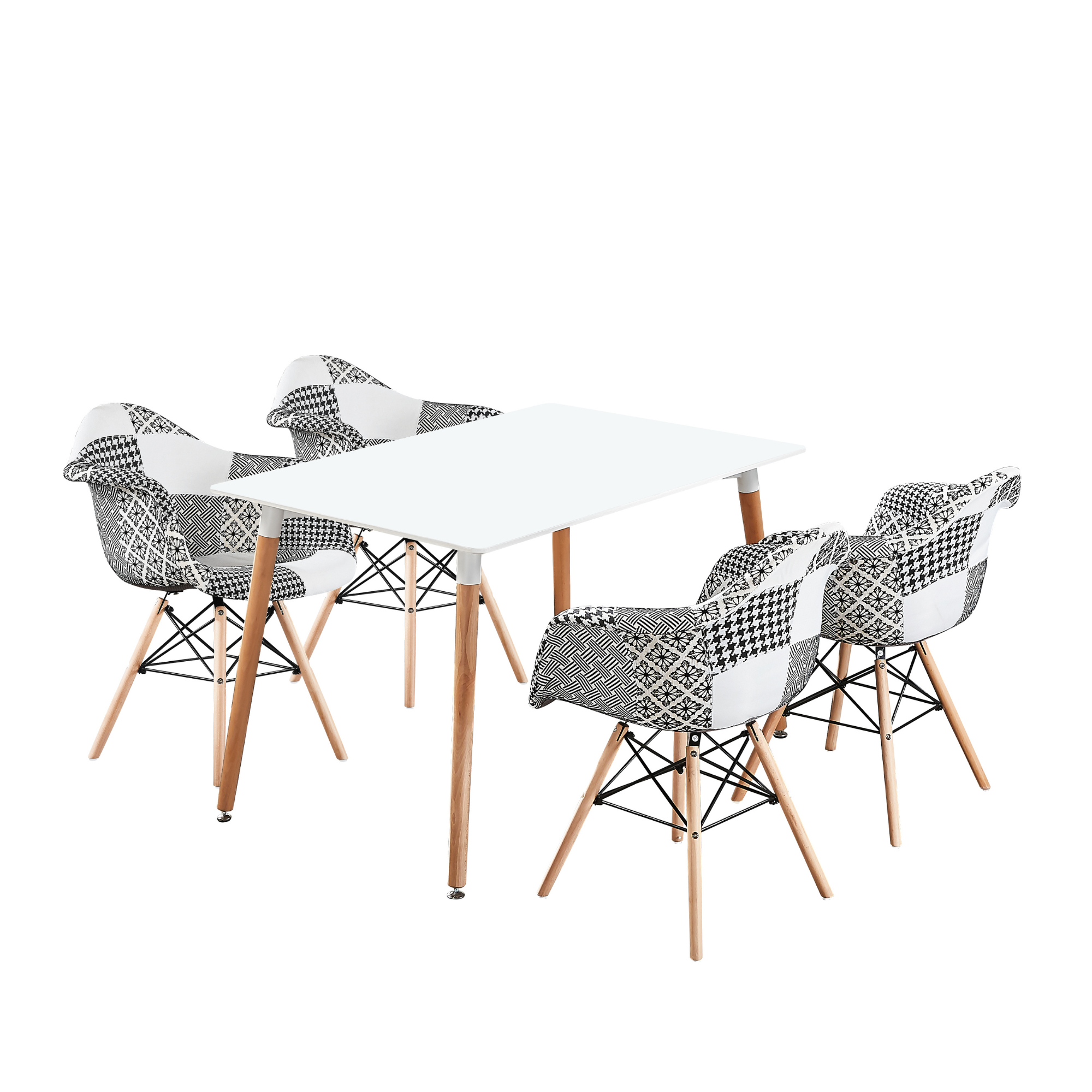 5PCs Dining Set - a White Halo Dining Table & Set of 4 Black/White Patchwork Accent Chairs