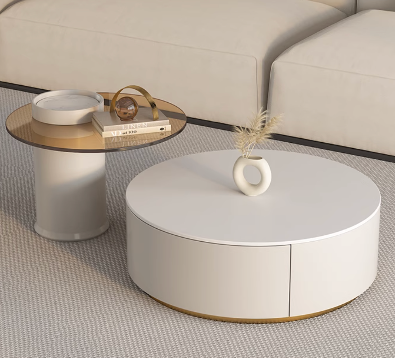 Riviera Round Nesting Coffee Table Set With Ottoman, White