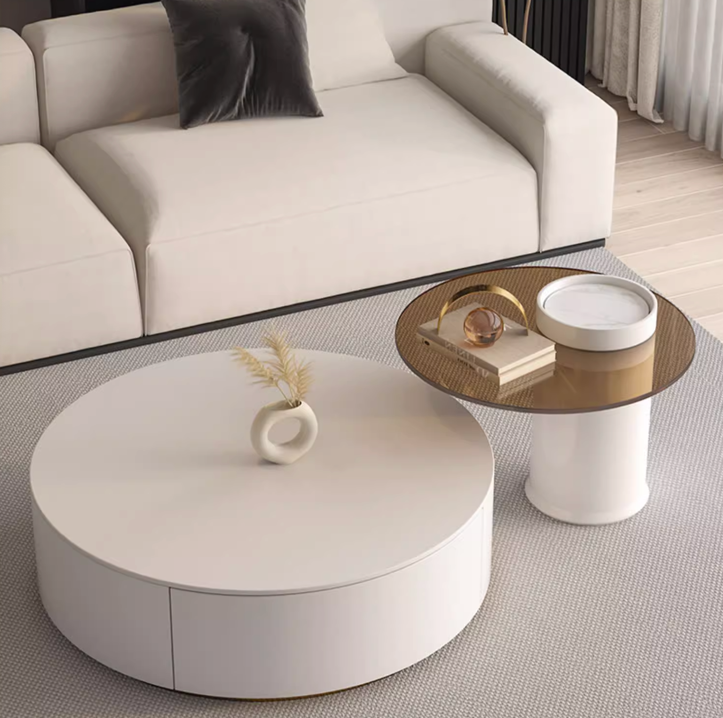Riviera Round Nesting Coffee Table Set With Ottoman, White