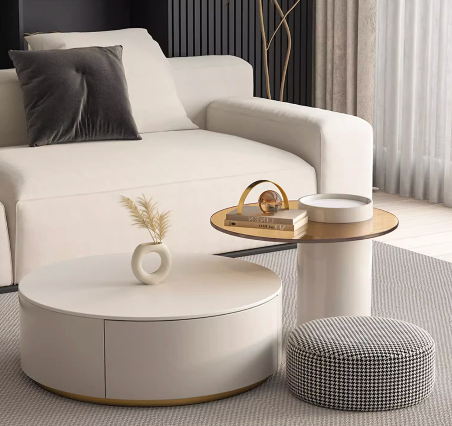 Riviera Round Nesting Coffee Table Set With Ottoman, White