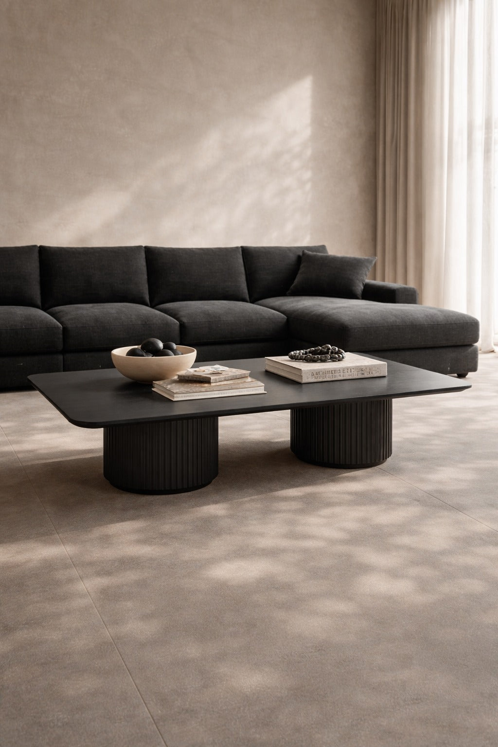 Lantine Coffee Table – Double Pedestal – Black Oak & Lacquer