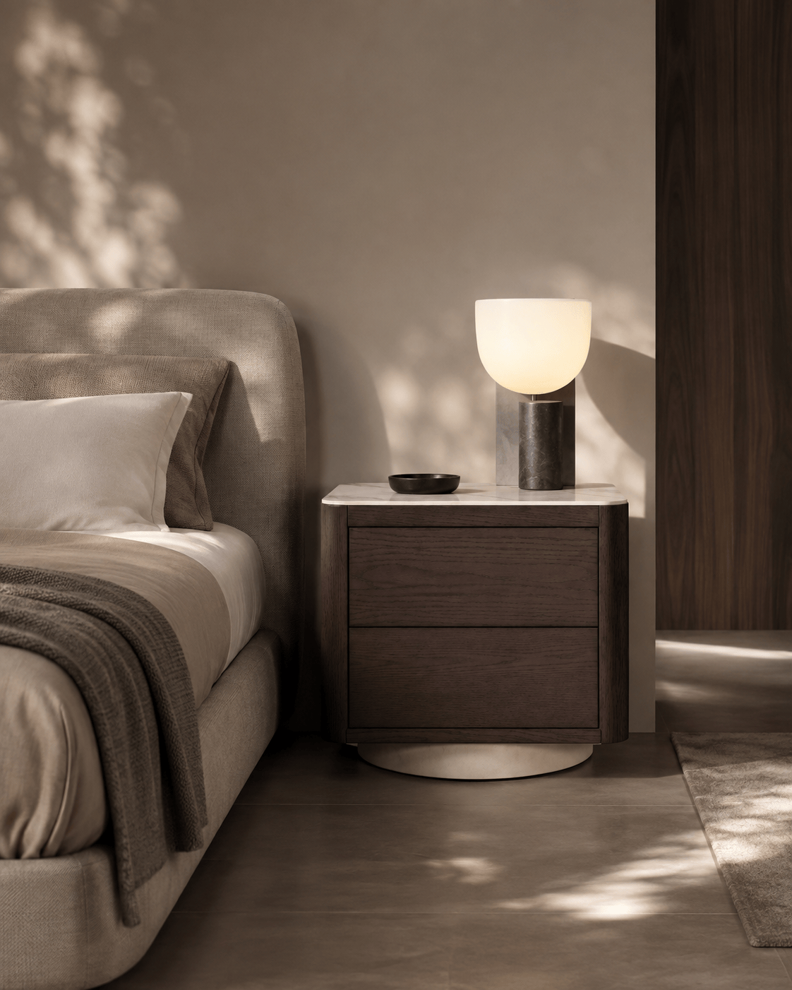 Coin Bedside Table - Smoke Oak & Marble