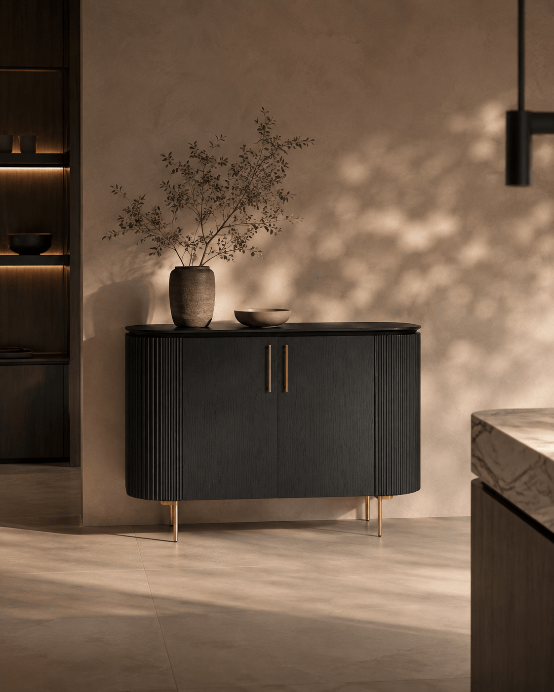 Lantine 2 Door Cabinet - Black Oak & Brass