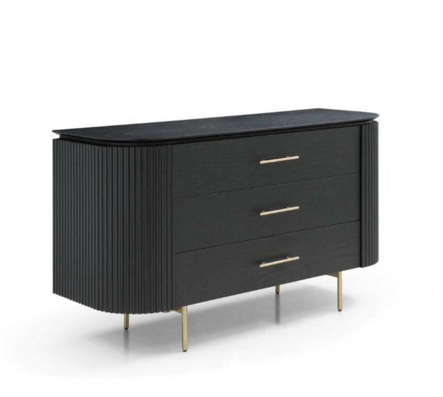 Lantine 3 Drawer Dresser - Black Oak & Brass